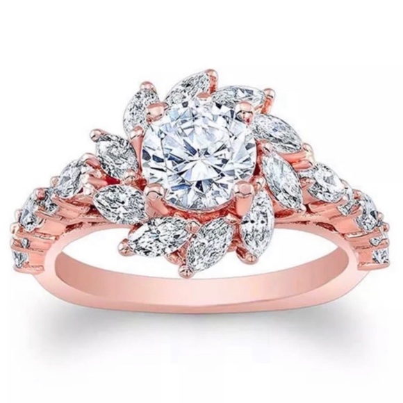 18K Rose Gold Plated Flower Ring – Simulated Diamond Cluster - Picture 2 of 4